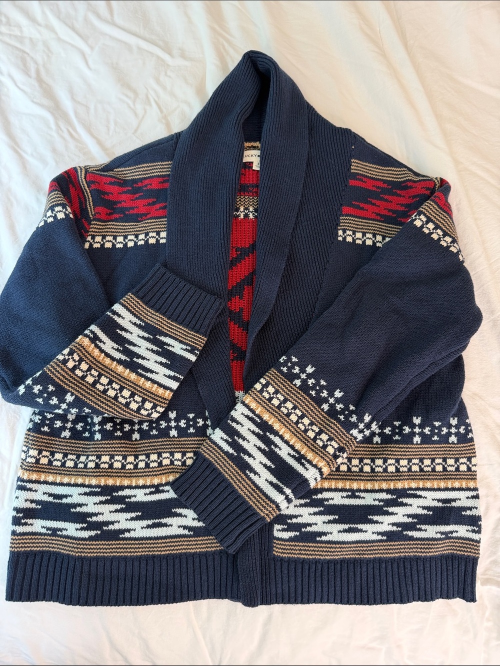Lucky Brand Navy Shawl Cardigan with Red and Cream Accents